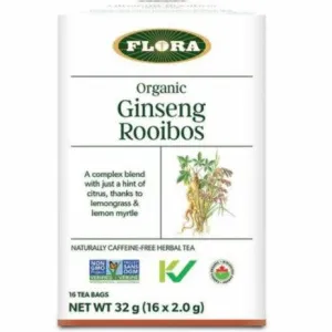 Flora Certified Organic Ginseng Rooibos Herbal Tea Blend Caffeine Free 16 Tea Bags