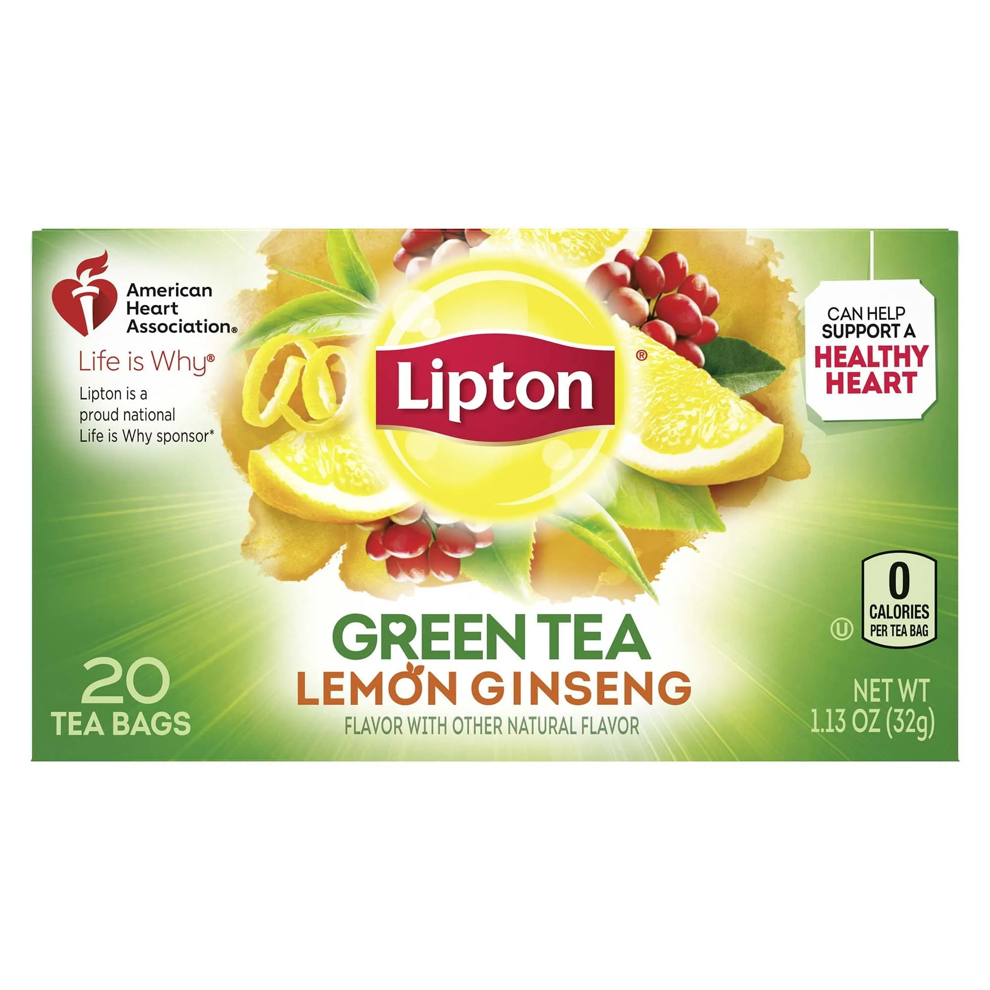 Lipton Green Tea, Lemon Ginseng, Can Help Support a Healthy Heart, Tea Bags 20 Count Box