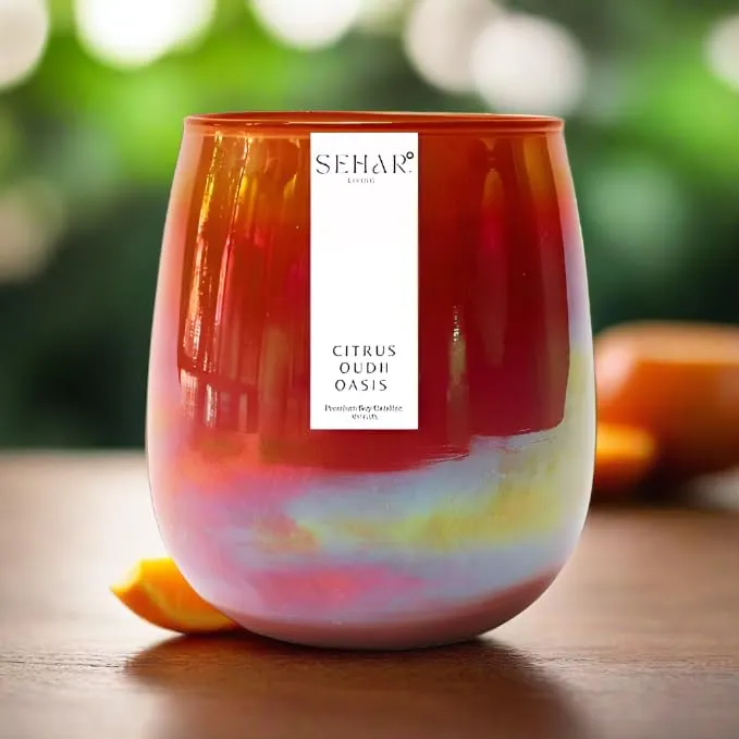 Sehar Living Citrus Oudh Oasis Luxury Soy Candle 50  Hr Burn Time Uplifting Aromatherapy and Eco-Friendly Gift