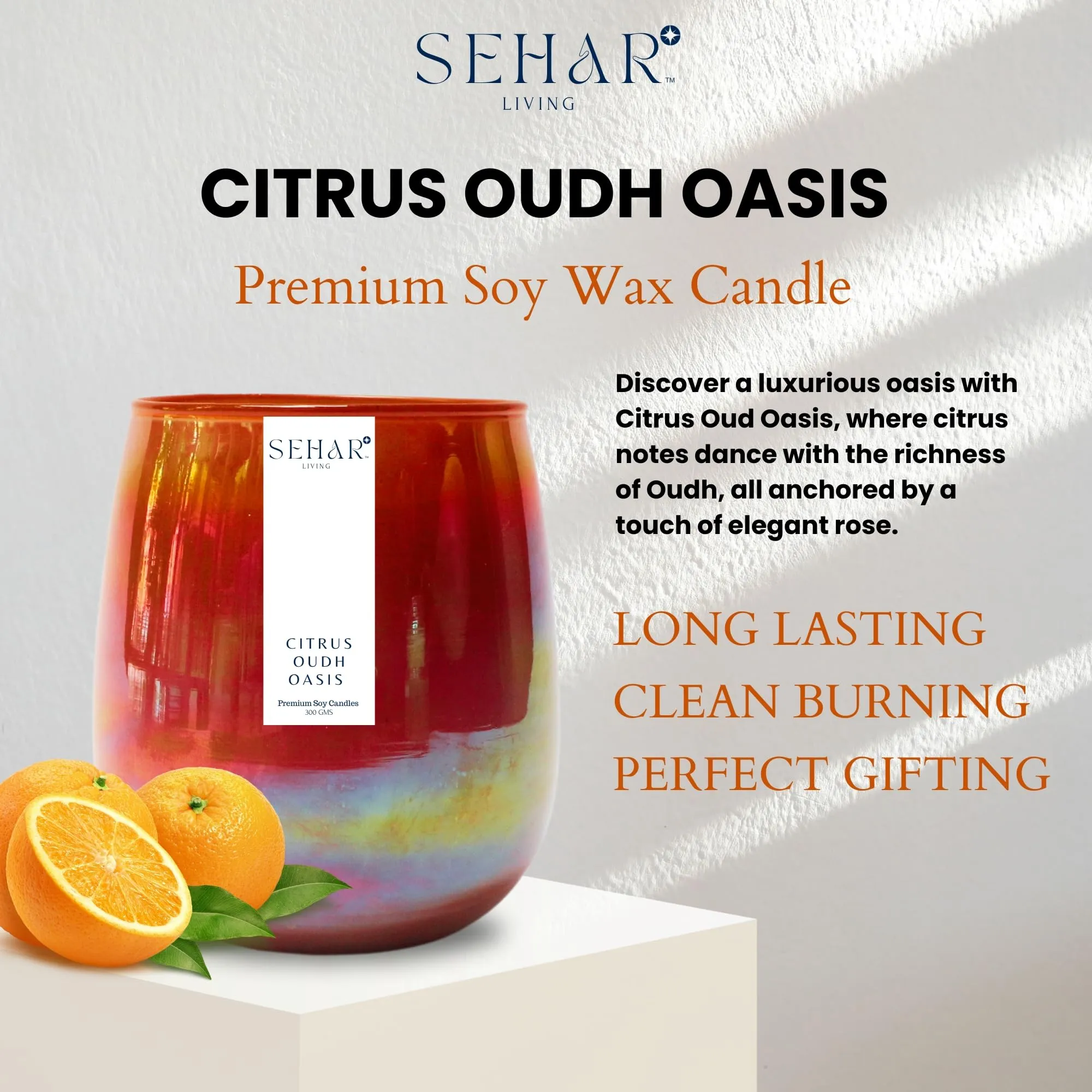 Sehar Living Citrus Oudh Oasis Luxury Soy Candle 50  Hr Burn Time Uplifting Aromatherapy and Eco-Friendly Gift